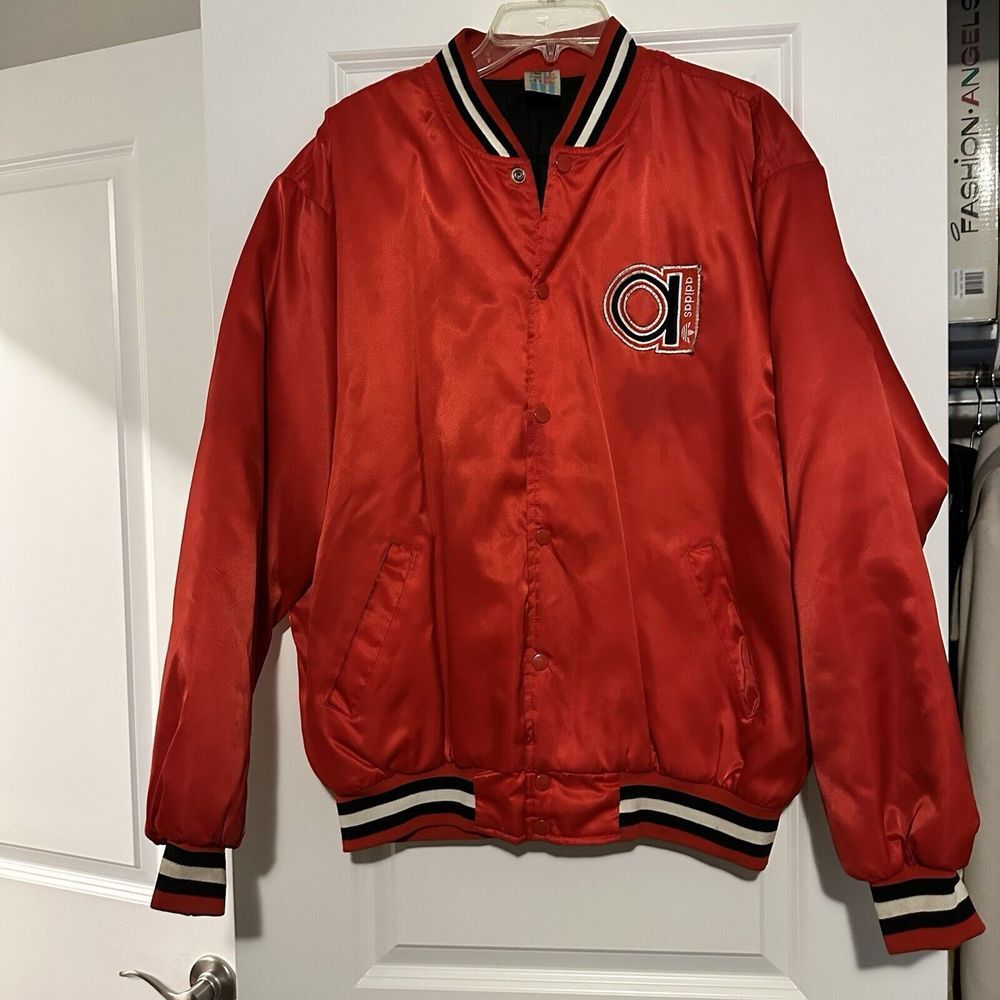 Rare Vtg 80's Adidas Big Logo Satin Jacket Run DMC Varsity Red Sz XL